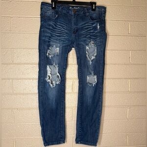 Machine Men's Ripped Blue Slim Jeans